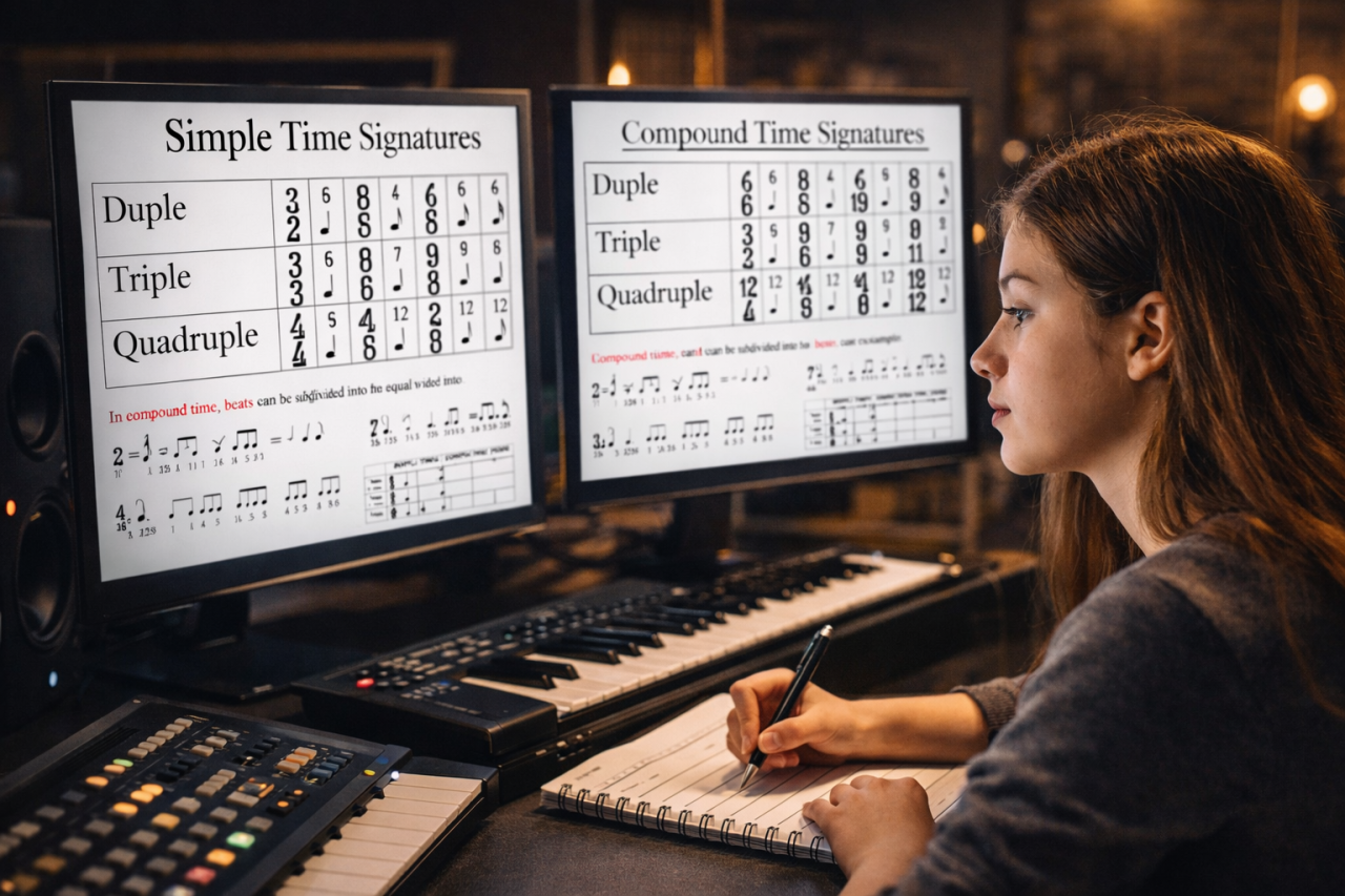 Teenage student studying simple and compound time signatures on dual screens in a high-tech music studio with keyboard and notebook for music theory practice